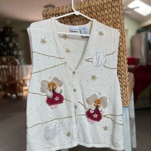 Festive Cream Knit Vest with Angel Embroidery